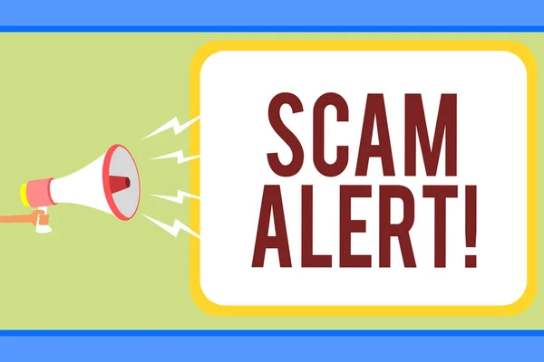 Handwriting text writing Scam Alert. Concept meaning warning someone about scheme or fraud notice any unusual Man holding megaphone loudspeaker speech bubble message speaking loud