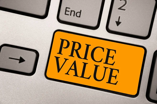 Handwriting text Price Value. Concept meaning strategy which sets cost primarily but not exclusively Keyboard orange key Intention create computer computing reflection document