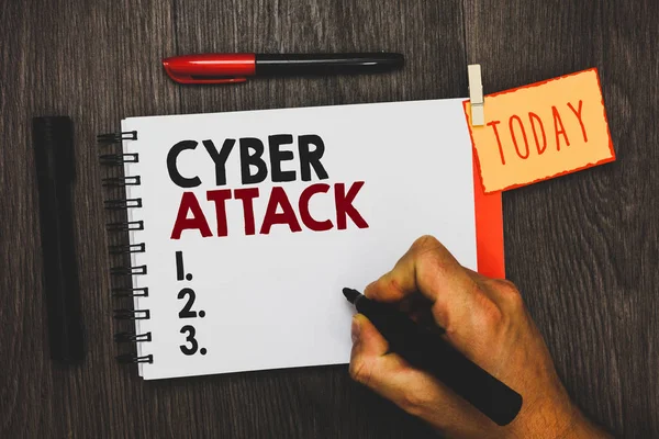 Text sign showing Cyber Attack. Conceptual photo An attempt by hackers to Damage Destroy a Computer System Man holding marker notebook clothespin hold reminder cup markers wood table