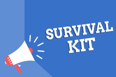 Handwriting text writing Survival Kit. Concept meaning Emergency Equipment Collection of items to help someone Megaphone loudspeaker blue background important message speaking loud. clipart