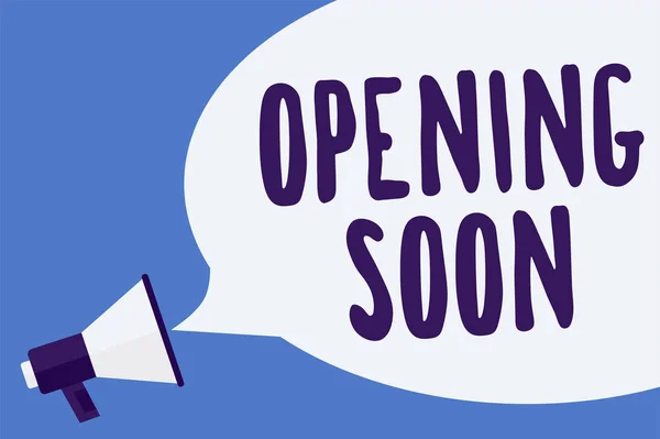 Writing note showing Opening Soon. Business photo showcasing Going to be available or accessible in public anytime shortly Megaphone loudspeaker speech bubble important message speaking loud. — Stock Photo, Image