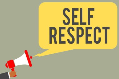 Kavramsal el öz saygı gösterilen yazma. İş fotoğraf metin gurur ve kendini güven megafon hoparlör konuşma balonu mesaj konuşan tutan adam kendini savun.