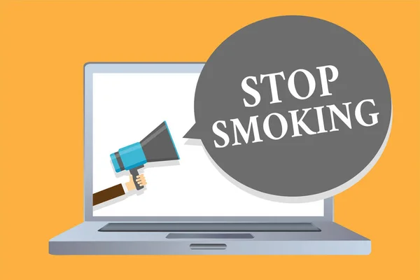 Szó szöveg írása abbahagyni a dohányzást. Üzleti koncepció, a Discontinuing vagy a dohányfüggőség ember az abbahagyása használatát gazdaság megafon hangszóró beszéd buborék üzenet hangosan beszél. — Stock Fotó