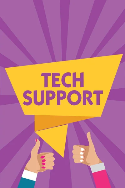 Text sign showing Tech Support. Conceptual photo Assisting individuals who are having technical problems Man woman hands thumbs up approval speech bubble origami rays background. — Stock Photo, Image