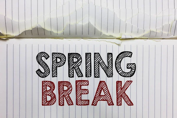 Handwriting text Spring Break. Concept meaning Vacation period at school and universities during spring Open notebook page crumpled papers ripped pages several tries mistakes.