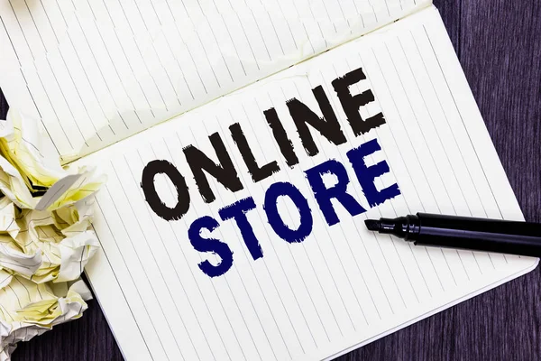 Conceptual hand writing showing Online Store. Business photo text A website that offers items for sale and accept credit cards Marker over notebook crumpled papers several tries mistakes. — Stock Photo, Image