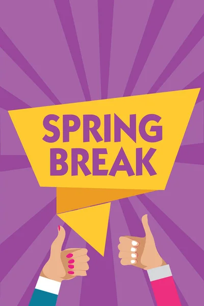Text sign showing Spring Break. Conceptual photo Vacation period at school and universities during spring Man woman hands thumbs up approval speech bubble origami rays background. — Stock Photo, Image