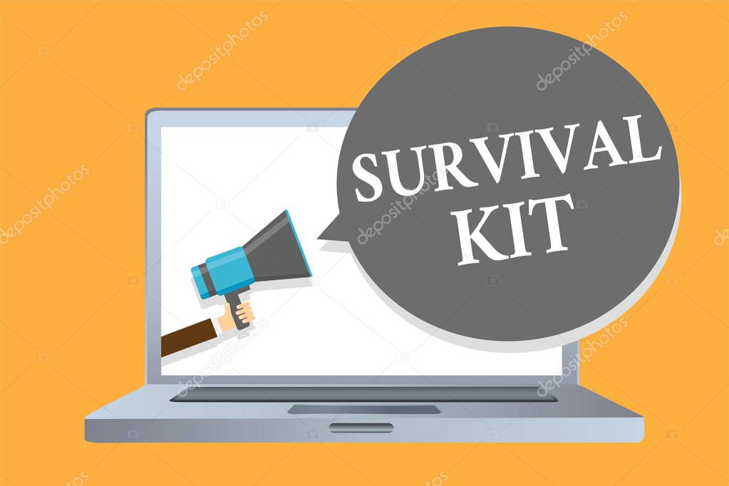 Word writing text Survival Kit. Business concept for Emergency Equipment Collection of items to help someone Man holding megaphone loudspeaker speech bubble message speaking loud.