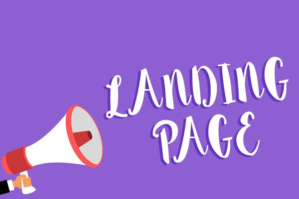 Conceptual hand writing showing Landing Page. Business photo text Website accessed by clicking a link on another web page Man holding megaphone loudspeaker purple background speaking loud.
