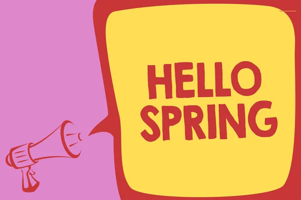 Handwriting text writing Hello Spring. Concept meaning Welcoming the season after the winter Blossoming of flowers Megaphone loudspeaker speech bubble important message speaking out loud. — Stock Photo, Image