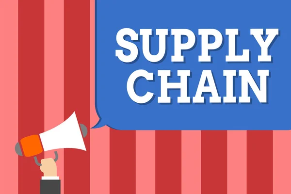 Handgeschreven tekst schrijven van de Supply Chain. Begrip betekenis systeem van organisatie en processen van leverancier aan de consument Man houden megafoon luidspreker toespraak bubble boodschap luid spreken. — Stockfoto