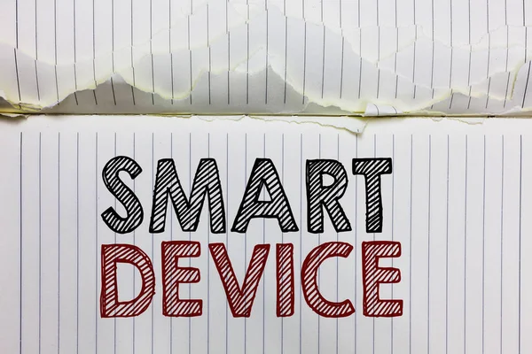 Handwriting text Smart Device. Concept meaning Electronic gadget that able to connect share interact with user Open notebook page crumpled papers ripped pages several tries mistakes.