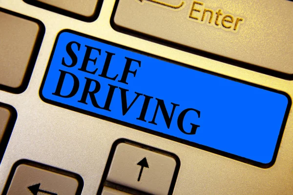 Conceptual hand writing showing Self Driving. Business photo text Autonomous vehicle Ability to navigate without human input Keyboard blue key create computer computing reflection document. — Stock Photo, Image