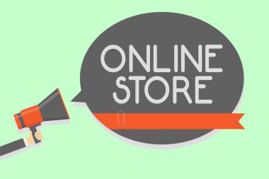 Kavramsal el Online Store gösterilen yazma. Megafon hoparlör konuşma balonu mesajı yüksek sesle holding adam bir Web sitesi Satılık öğeleri sunuyor ve kredi kabul vitrine iş fotoğraf kartları.