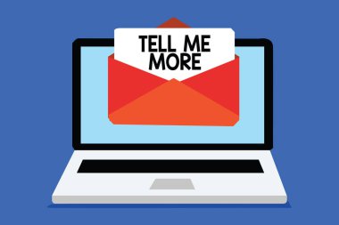 Word yazı metni diğer Tell Me. Daha fazla bilgi bilgisayar alıcı e-posta önemli ileti zarfı kağıt ile sanal paylaşım bir konuşma başlatmak için bir çağrı için iş kavramı.