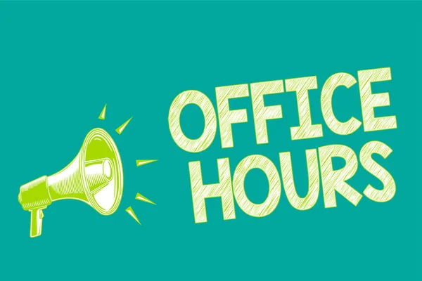 Text sign showing Office Hours. Conceptual photo The hours which business is normally conducted Working time Megaphone loudspeaker green background important message speaking loud. — Stock Photo, Image