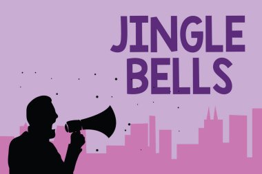 Jingle Bells gösterilen Not yazma. En ünlü geleneksel Noel şarkısı her yerinde politikacı konuşan dünya adam holding megafon vitrine iş fotoğraf mor arka plan vaat ediyor..