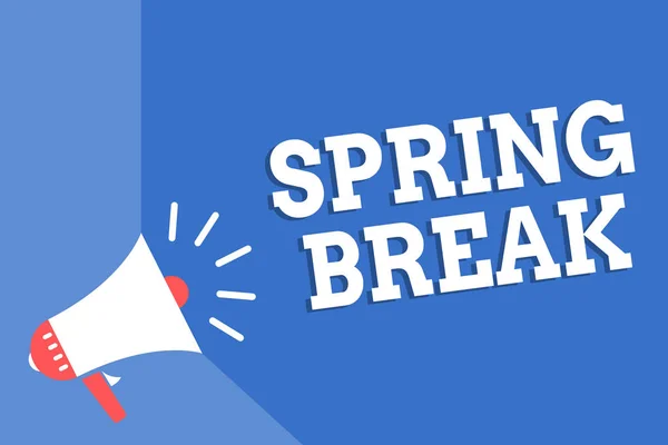 Handwriting text writing Spring Break. Concept meaning Vacation period at school and universities during spring Megaphone loudspeaker blue background important message speaking loud. — Stock Photo, Image