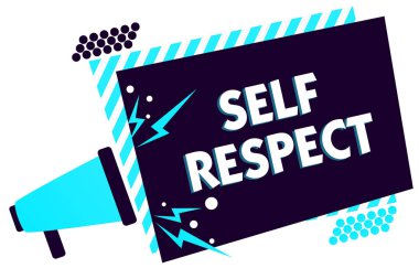 El yazısı metin öz saygı. Gurur ve güven içinde kendini Stand up kendiniz için megafon hoparlör mavi çizgili çerçeve önemli mesajı yüksek sesle konuşan anlam kavramı.