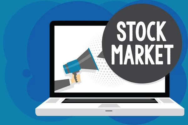 Writing note showing Stock Market. Business photo showcasing Particular market where stocks and bonds are traded or exhange Man hold Megaphone loudspeaker computer screen talking speech bubble. — Stock Photo, Image