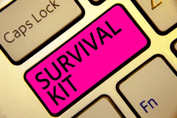 Text sign showing Survival Kit. Conceptual photo Emergency Equipment Collection of items to help someone Keyboard pink key Intention create computer computing reflection document.