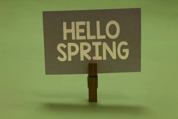 Texto de escritura de palabras Hello Spring. Concepto de negocio para dar la bienvenida a la temporada después del invierno Florecimiento de flores Pañuelo de tela con papel gris importantes ideas de mensaje de comunicación . — Foto de Stock