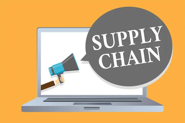 Word tekst intoetsen Supply Chain. Businessconcept voor systeem van organisatie en processen van de leverancier tot consument Man houden megafoon luidspreker toespraak bubble boodschap luid spreken. — Stockfoto