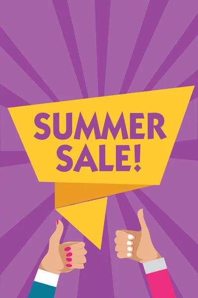 Text sign showing Summer Sale. Conceptual photo Annual discount events that takes place during summer season Man woman hands thumbs up approval speech bubble origami rays background. — Stock Photo, Image