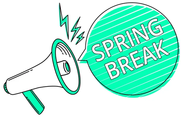 Handwriting text writing Spring Break. Concept meaning Vacation period at school and universities during spring Megaphone loudspeaker green speech bubble stripes important loud message. — Stock Photo, Image