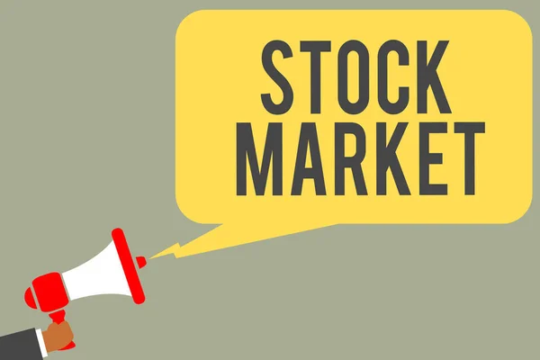 Conceptual hand writing showing Stock Market. Business photo text Particular market where stocks and bonds are traded or exhange Man holding megaphone loudspeaker speech bubble message speaking. — Stock Photo, Image