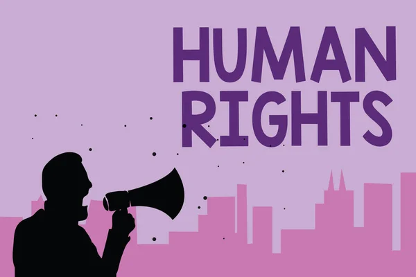 Writing note showing Human Rights. Business photo showcasing Moral Principles Standards Norms of a people protected by Law Man holding megaphone speaking politician promises purple background. — Stock Photo, Image