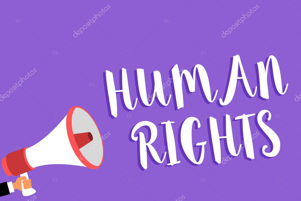 Conceptual hand writing showing Human Rights. Business photo text Moral Principles Standards Norms of a people protected by Law Man holding megaphone loudspeaker purple background speaking loud.