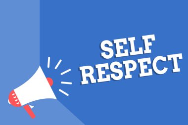 Öz saygı yazma el yazısı metin. Gurur ve güven içinde kendini Stand up kendiniz için megafon hoparlör mavi arka plan önemli mesajı yüksek sesle konuşan anlam kavramı.