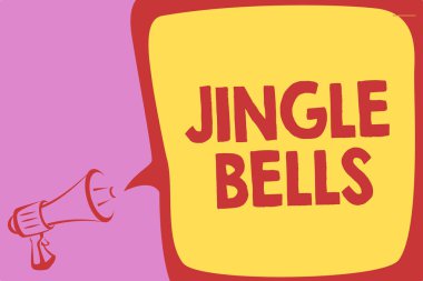 El yazısı metin yazma Jingle Bells. Kavram anlamı en ünlü geleneksel Noel şarkısı her yerinde yüksek sesle konuşan dünya megafon hoparlör konuşma balonu önemli mesaj.