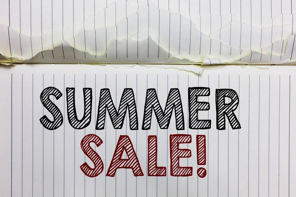 Handwriting text Summer Sale. Concept meaning Annual discount events that takes place during summer season Open notebook page crumpled papers ripped pages several tries mistakes. — Stock Photo, Image