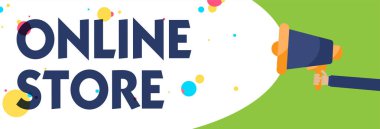 Online Store gösterilen Not yazma. Konuşma konuşma balonu çığlık megafon hoparlör holding adam bir Web sitesi Satılık öğeleri sunuyor ve kredi kabul vitrine iş fotoğraf kartları.