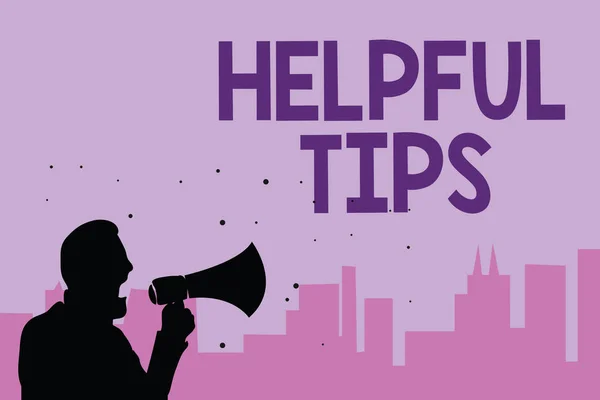 Writing note showing Helpful Tips. Business photo showcasing Useful secret Information Advice given to accomplish something Man holding megaphone speaking politician promises purple background. — Stock Photo, Image