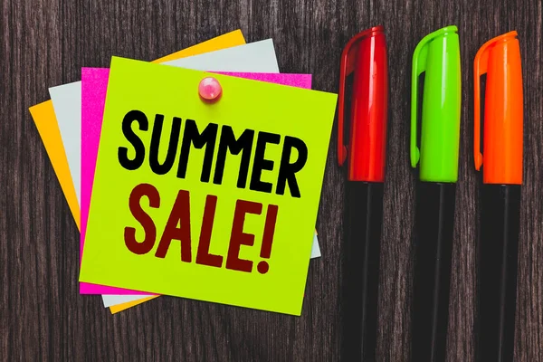 Conceptual hand writing showing Summer Sale. Business photo showcasing Annual discount events that takes place during summer season Paper notes Communicate ideas Markers Wooden background. — Stock Photo, Image