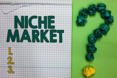 Writing note showing Niche Market. Business photo showcasing Subset of the market on which specific product is focused Square notebook crumpled papers forming question mark green background. clipart
