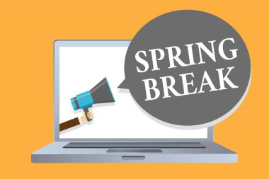 Word metin yazma bahar tatili. Okul ve üniversitelerde sırasında tatil dönemi için iş kavramı bahar megafon hoparlör konuşma balonu mesajı yüksek sesle konuşan tutan adam.