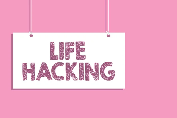 Conceptual hand writing showing Life Hacking. Business photo text Simple and clever techniques in accomplishing task easily Hang board communicate information open close sign pink background.