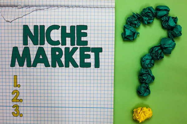 Writing note showing Niche Market. Business photo showcasing Subset of the market on which specific product is focused Square notebook crumpled papers forming question mark green background.
