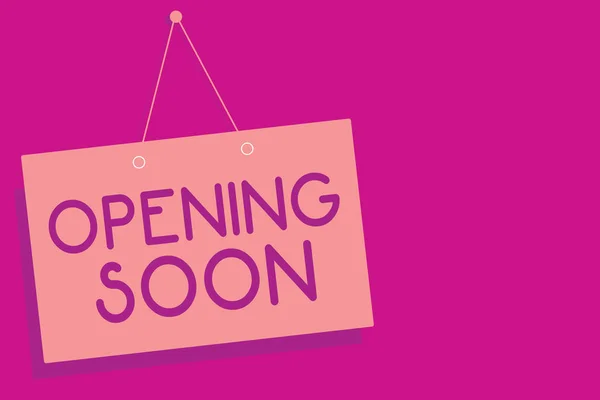 Text sign showing Opening Soon. Conceptual photo Going to be available or accessible in public anytime shortly Pink board wall message communication open close sign purple background. — Stock Photo, Image