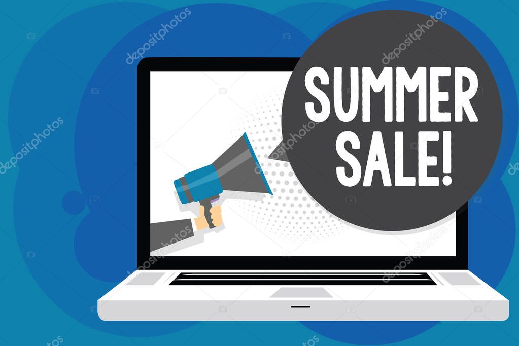 Writing note showing Summer Sale. Business photo showcasing Annual discount events that takes place during summer season Man hold Megaphone loudspeaker computer screen talking speech bubble.