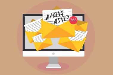Word metin yazma para yapma. İş kavramı kazanmak mali kâr için fırsatı verdiğiniz için destek alma e-postalar önemli mesajlar zarf ile kağıtları sanal bilgisayar.