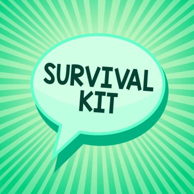 El yazısı metin Survival Kit. Acil ekipman birine yardım etmek için koleksiyon öğeleri yeşil konuşma balonu mesaj uyarı mektubu anlam kavramı gölge önemli niyeti söyleyerek ışınları.