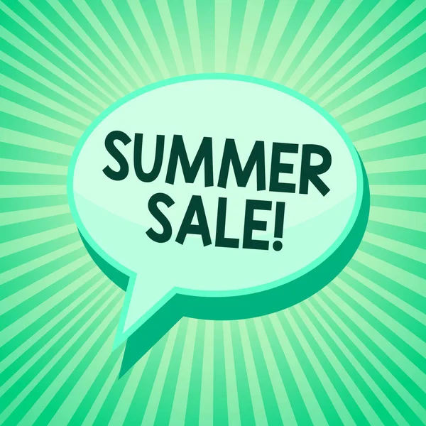 Handwriting text Summer Sale. Concept meaning Annual discount events that takes place during summer season Green speech bubble message reminder rays shadow important intention saying. — Stock Photo, Image