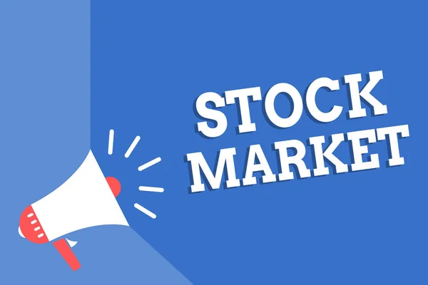 Handwriting text writing Stock Market. Concept meaning Particular market where stocks and bonds are traded or exhange Megaphone loudspeaker blue background important message speaking loud. — Stock Photo, Image