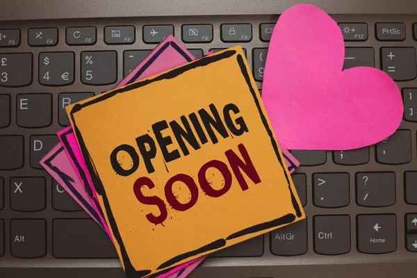Word writing text Opening Soon. Business concept for Going to be available or accessible in public anytime shortly Papers Romantic lovely message Heart Keyboard Type computer Good feelings.