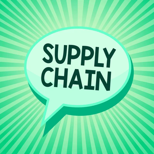 Handgeschreven tekst Supply Chain. Begrip betekenis systeem van organisatie en processen van de leverancier tot consument groen toespraak bubble herinnering stralen schaduw belangrijk voornemen gezegde. — Stockfoto